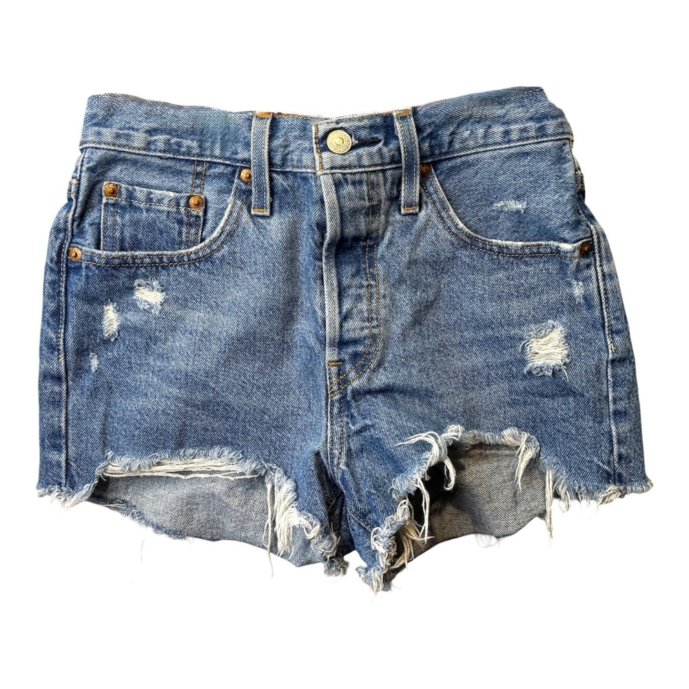Levis Premium 501 Original High Rise Distressed Denim Shorts Medium Wash W25